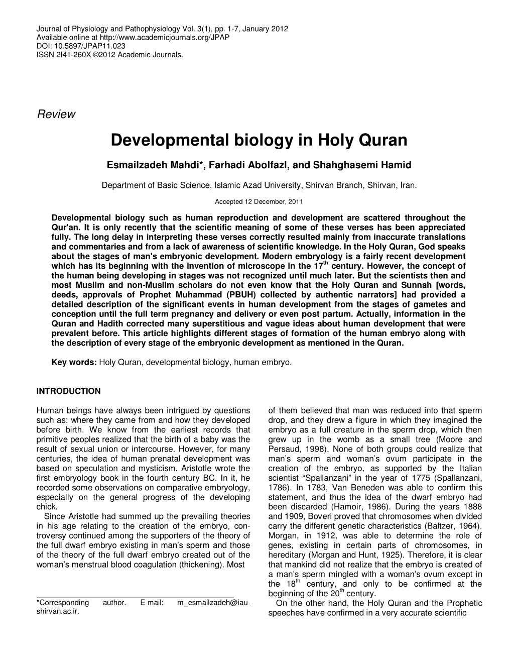 Developmental Biology in Holy Quran