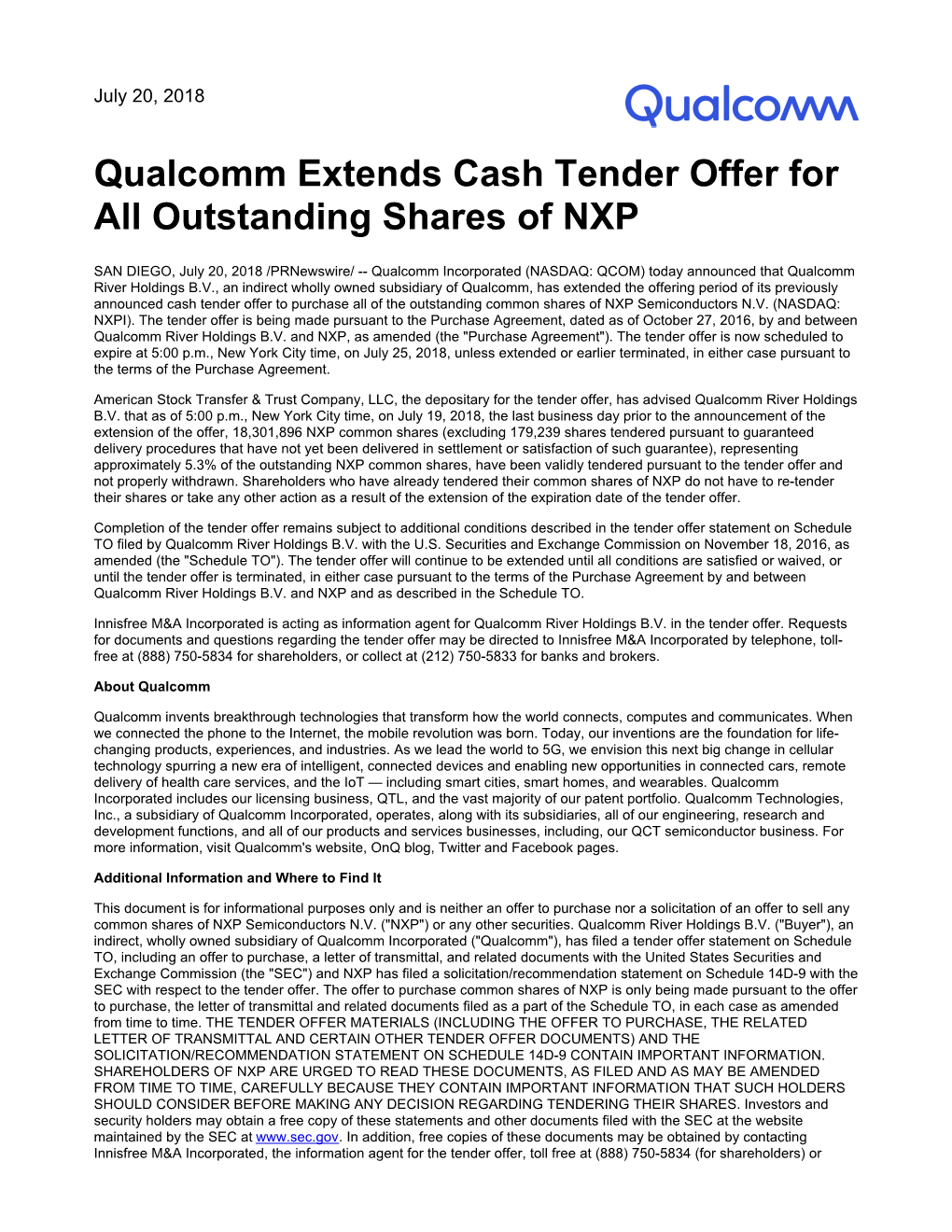 Qualcomm Extends Cash Tender Offer for All Outstanding Shares of NXP