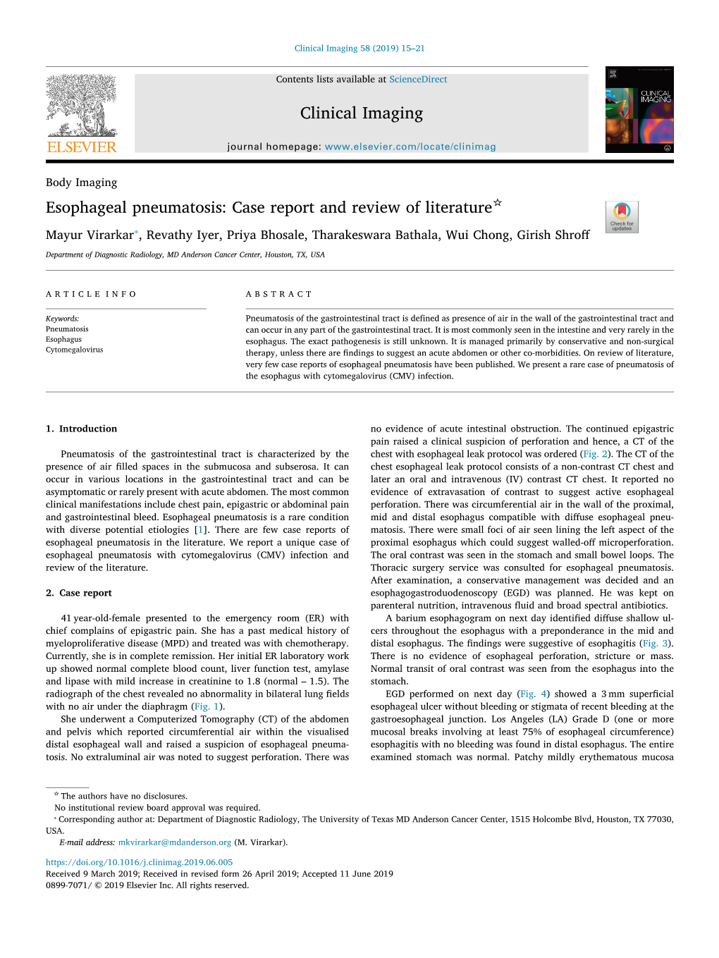 Esophageal Pneumatosis Case Report and Review of Literature