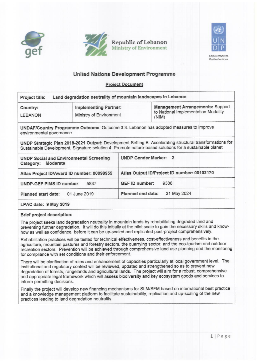 UNDP 5837 GEF 9388 Lebanon LDN Prodoc Signed By