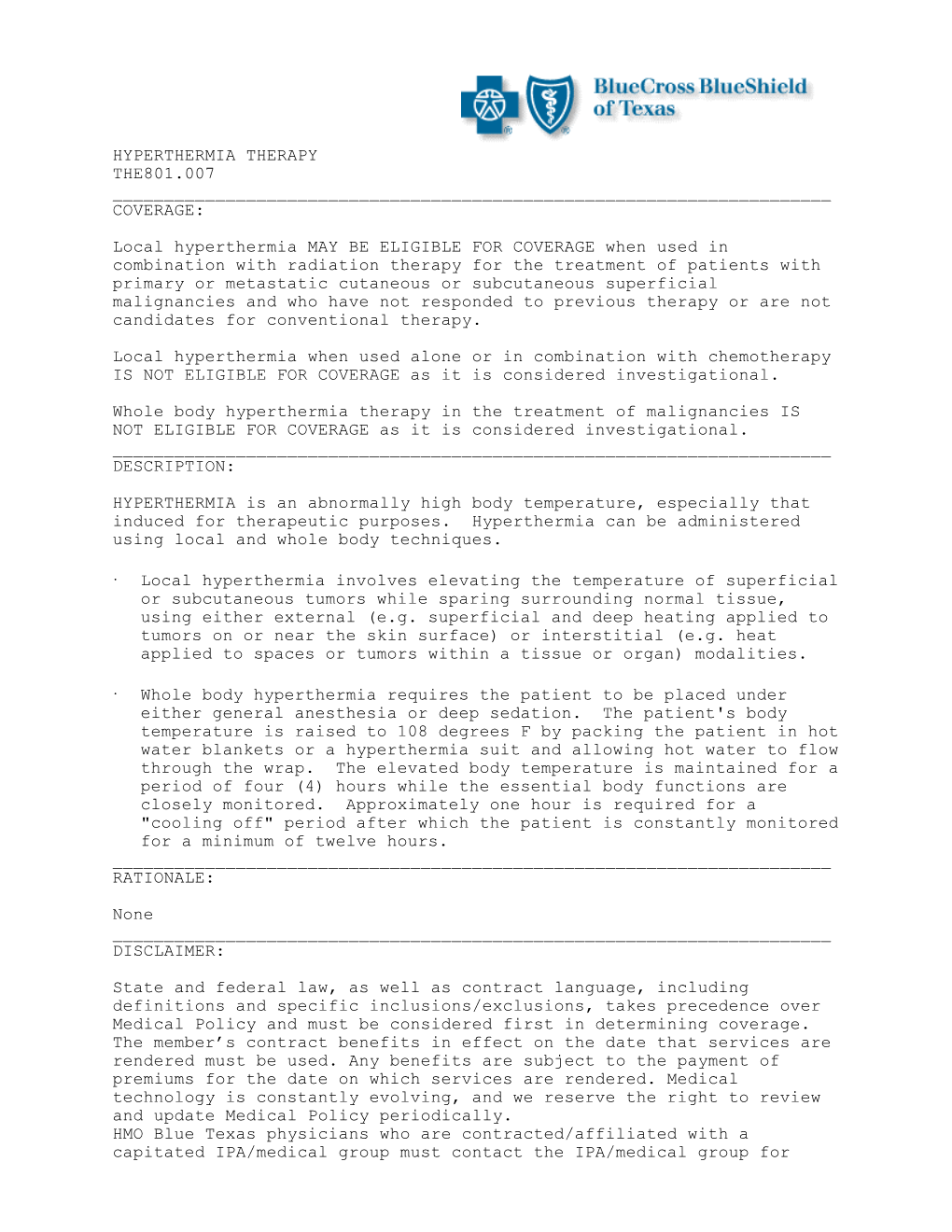 Hyperthermia Therapy The801.007 ______Coverage