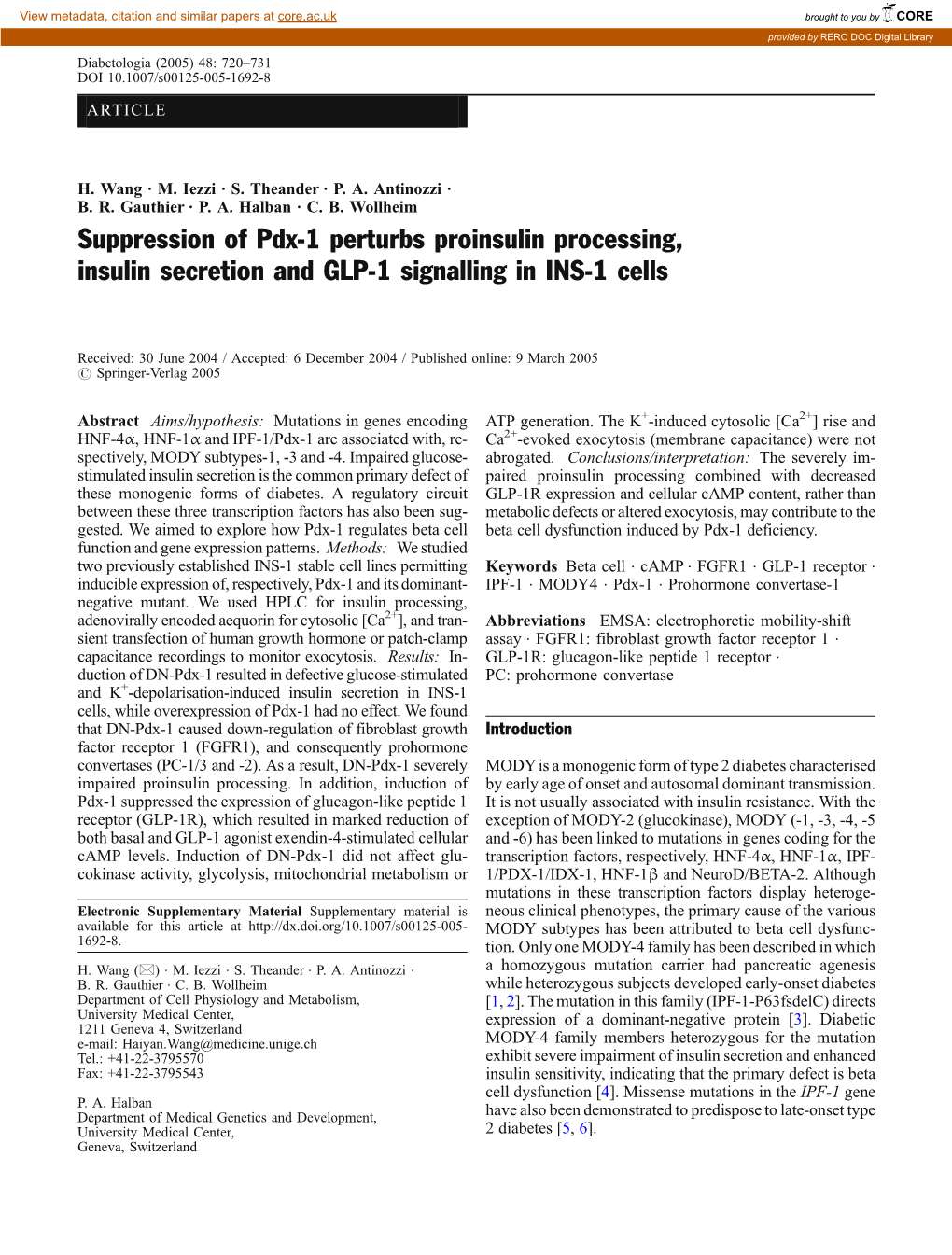 Suppression of Pdx-1 Perturbs Proinsulin Processing, Insulin Secretion and GLP-1 Signalling in INS-1 Cells