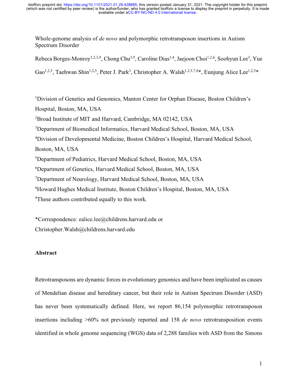 Whole-Genome Analysis of De Novo and Polymorphic Retrotransposon Insertions in Autism Spectrum Disorder