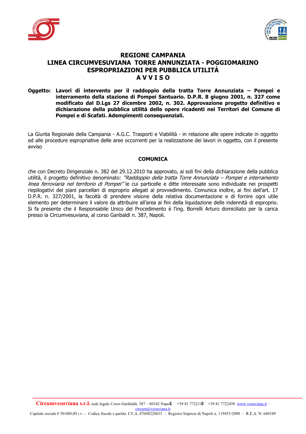 Regione Campania Linea Circumvesuviana Torre Annunziata - Poggiomarino Espropriazioni Per Pubblica Utilità a V V I S O