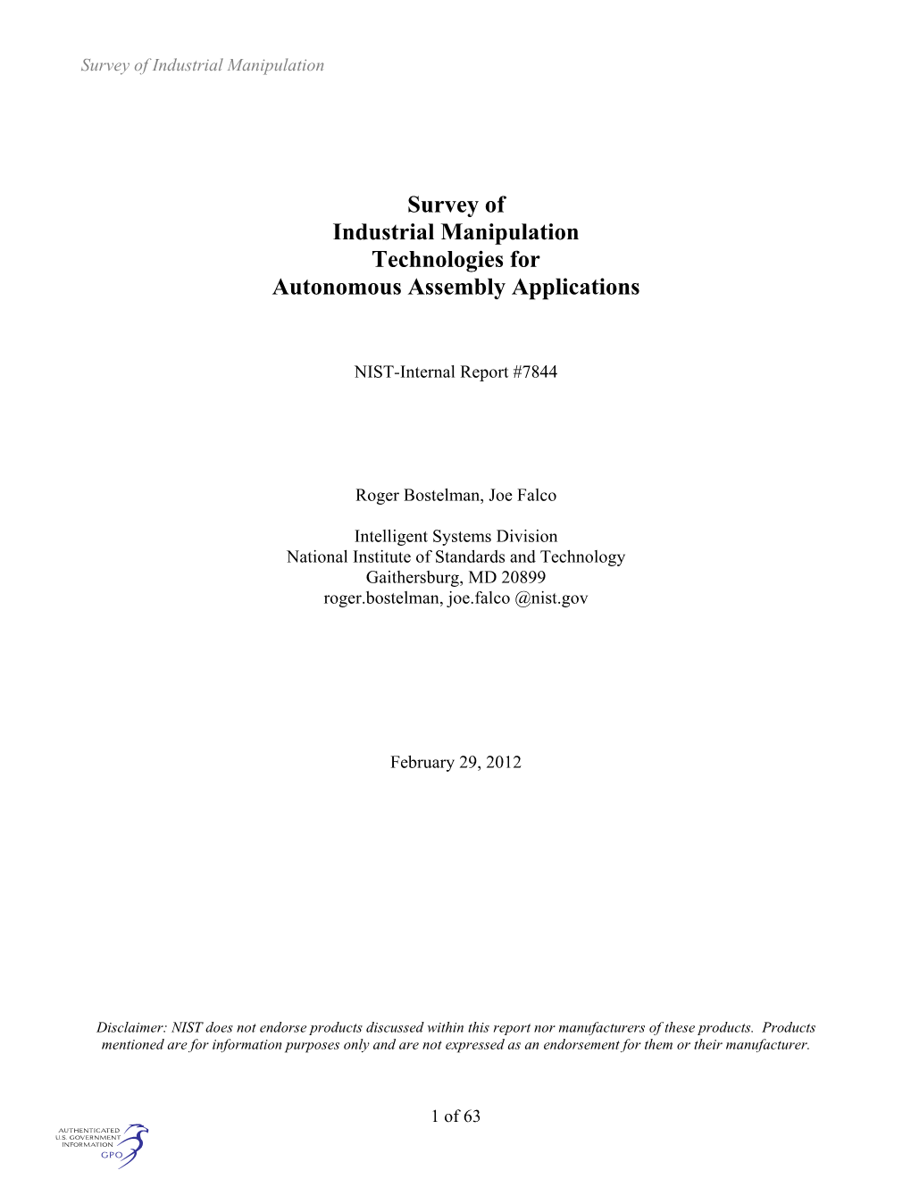 Survey of Industrial Manipulation Technologies for Autonomous Assembly Applications