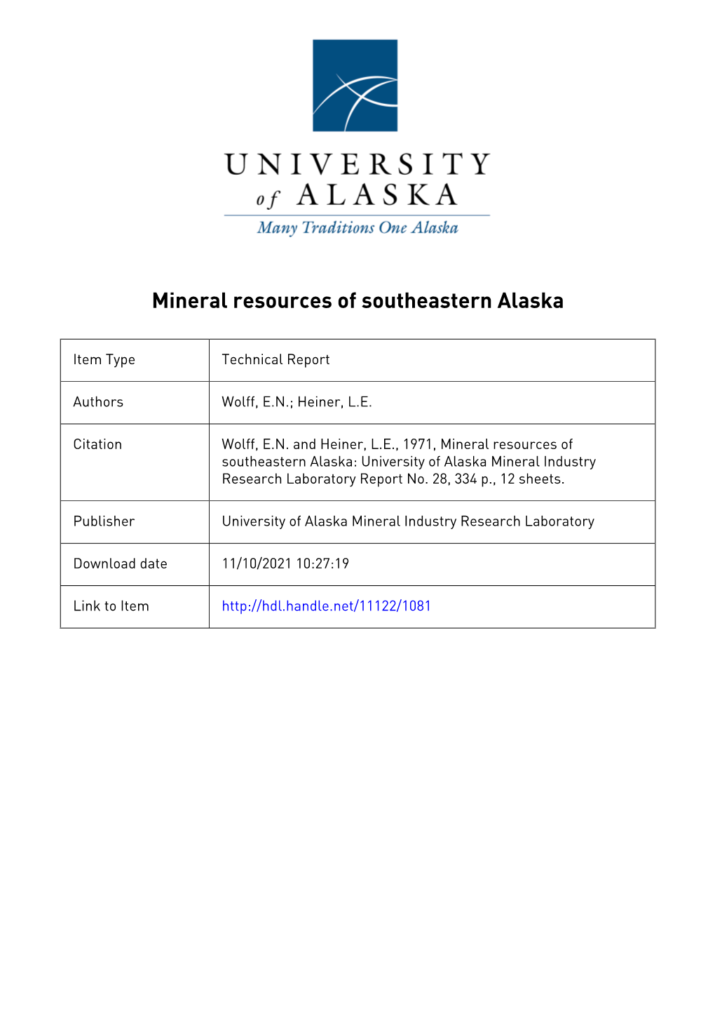 Mineral Resources Southeastern Alaska M.I.R.L