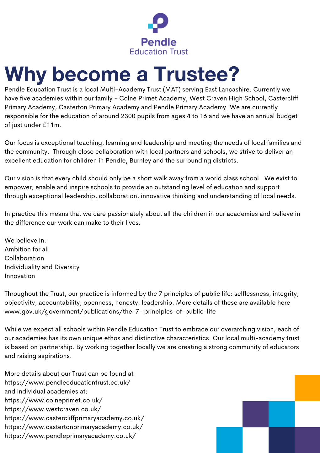 Why Become a Trustee? Pendle Education Trust Is a Local Multi-Academy Trust (MAT) Serving East Lancashire