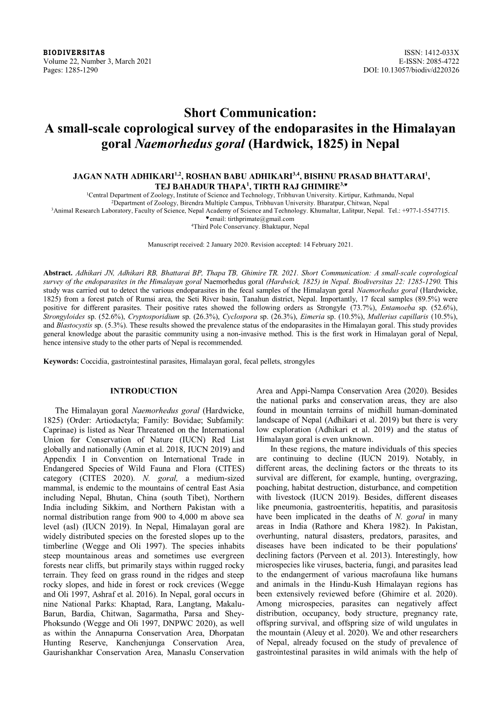 Short Communication: a Small-Scale Coprological Survey of the Endoparasites in the Himalayan Goral Naemorhedus Goral (Hardwick, 1825) in Nepal