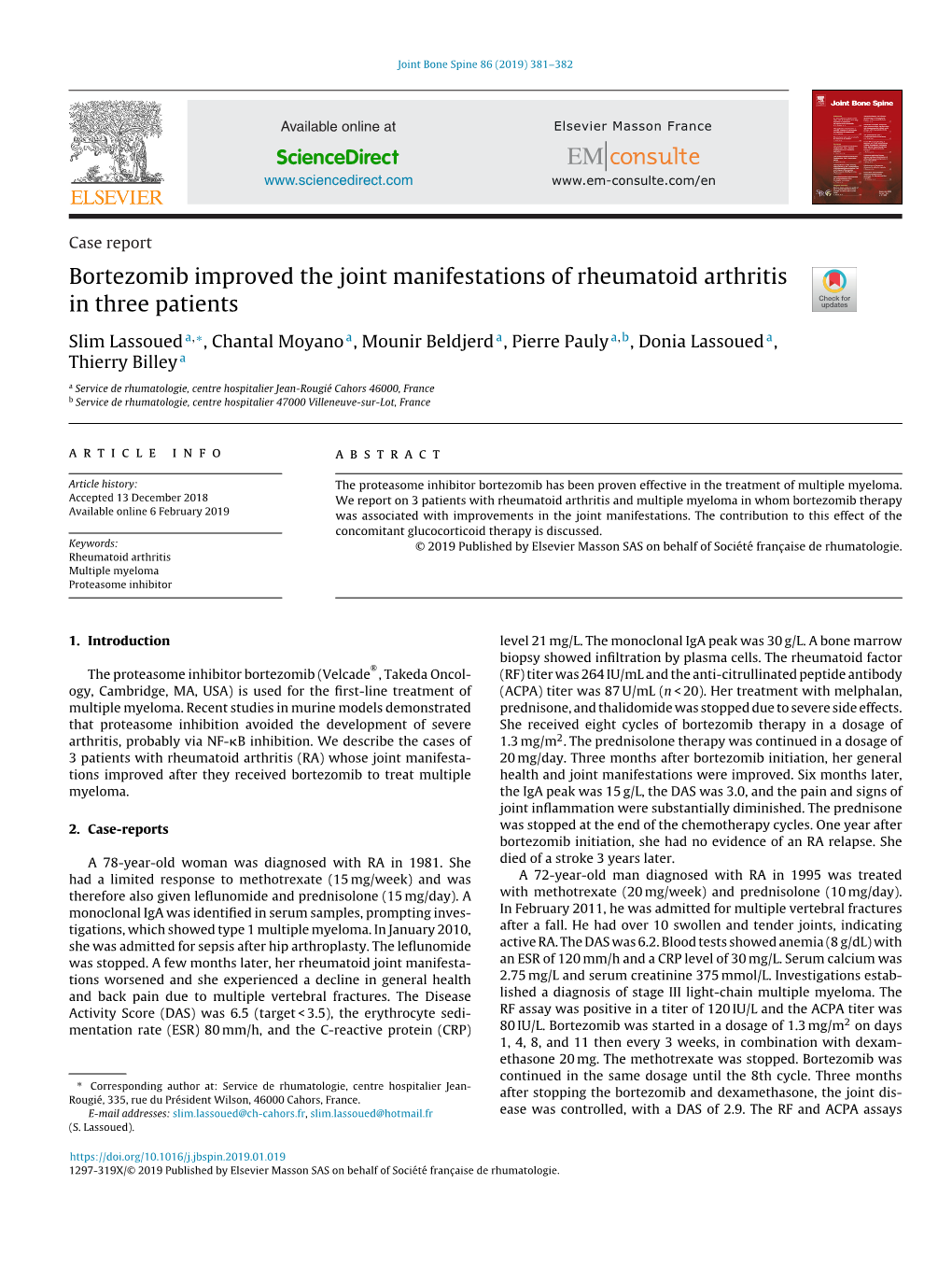 Bortezomib Improved the Joint Manifestations of Rheumatoid Arthritis in Three Patients