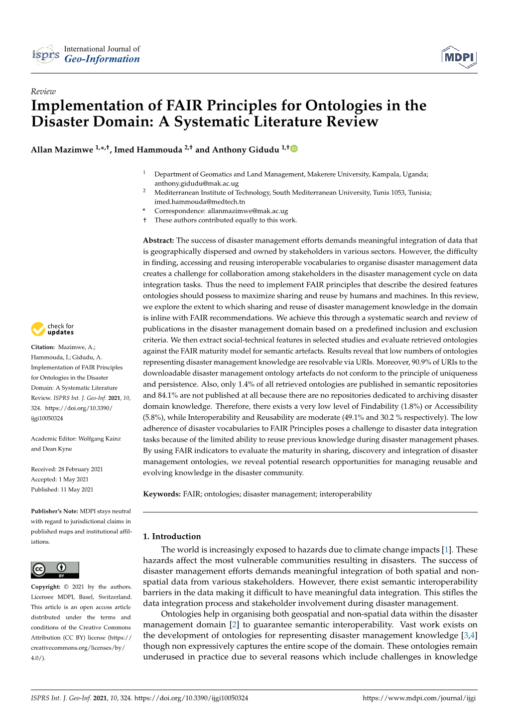 Implementation of FAIR Principles for Ontologies in the Disaster Domain: a Systematic Literature Review