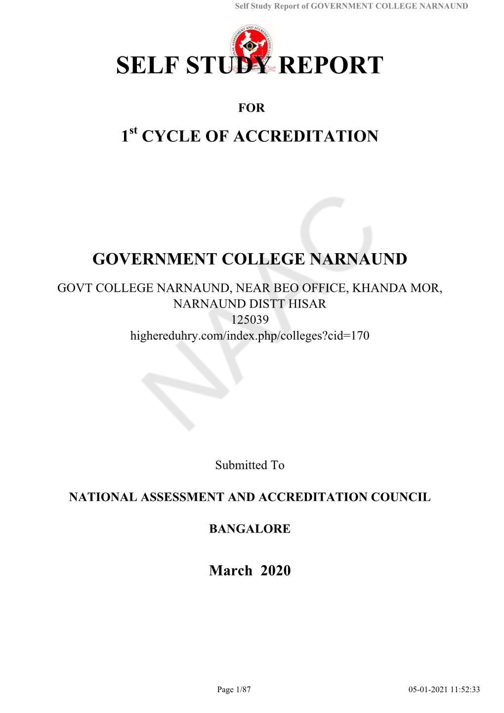 Self Study Report of GOVERNMENT COLLEGE NARNAUND