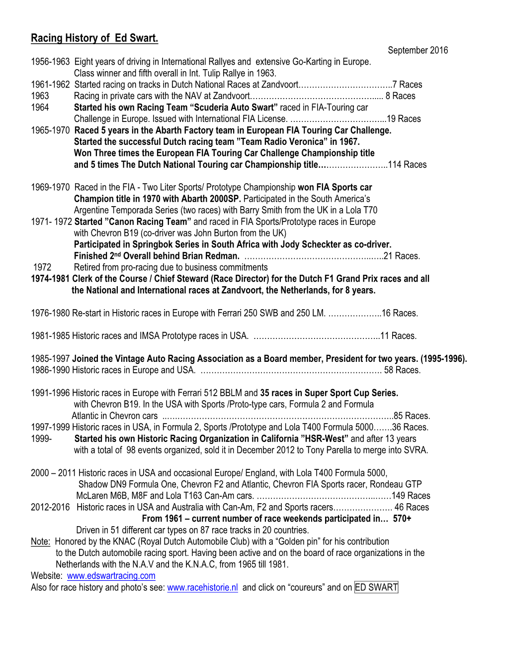 Racing History of Ed Swart. September 2016 1956-1963 Eight Years of Driving in International Rallyes and Extensive Go-Karting in Europe