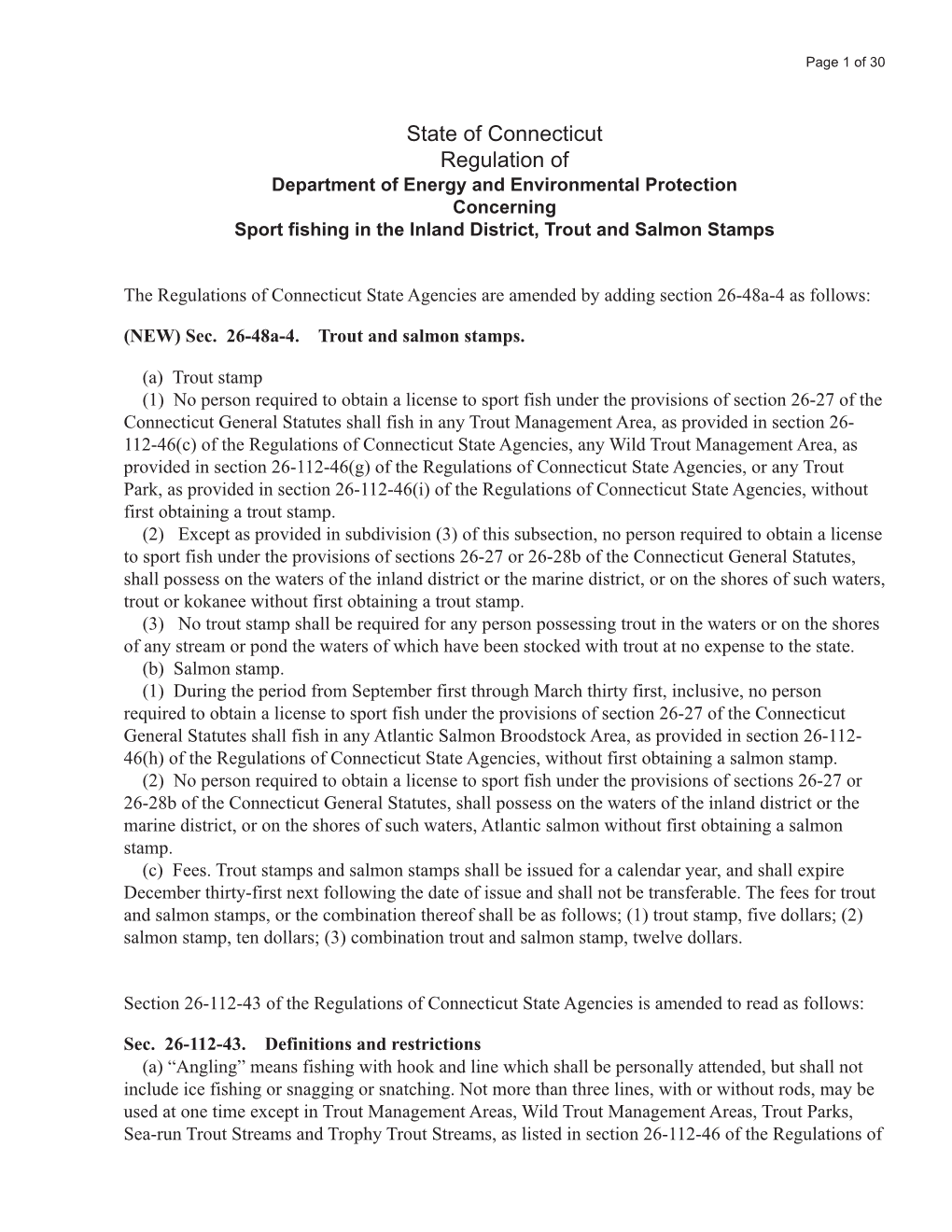 State of Connecticut Regulation of Department of Energy and Environmental Protection Concerning Sport Fishing in the Inland District, Trout and Salmon Stamps