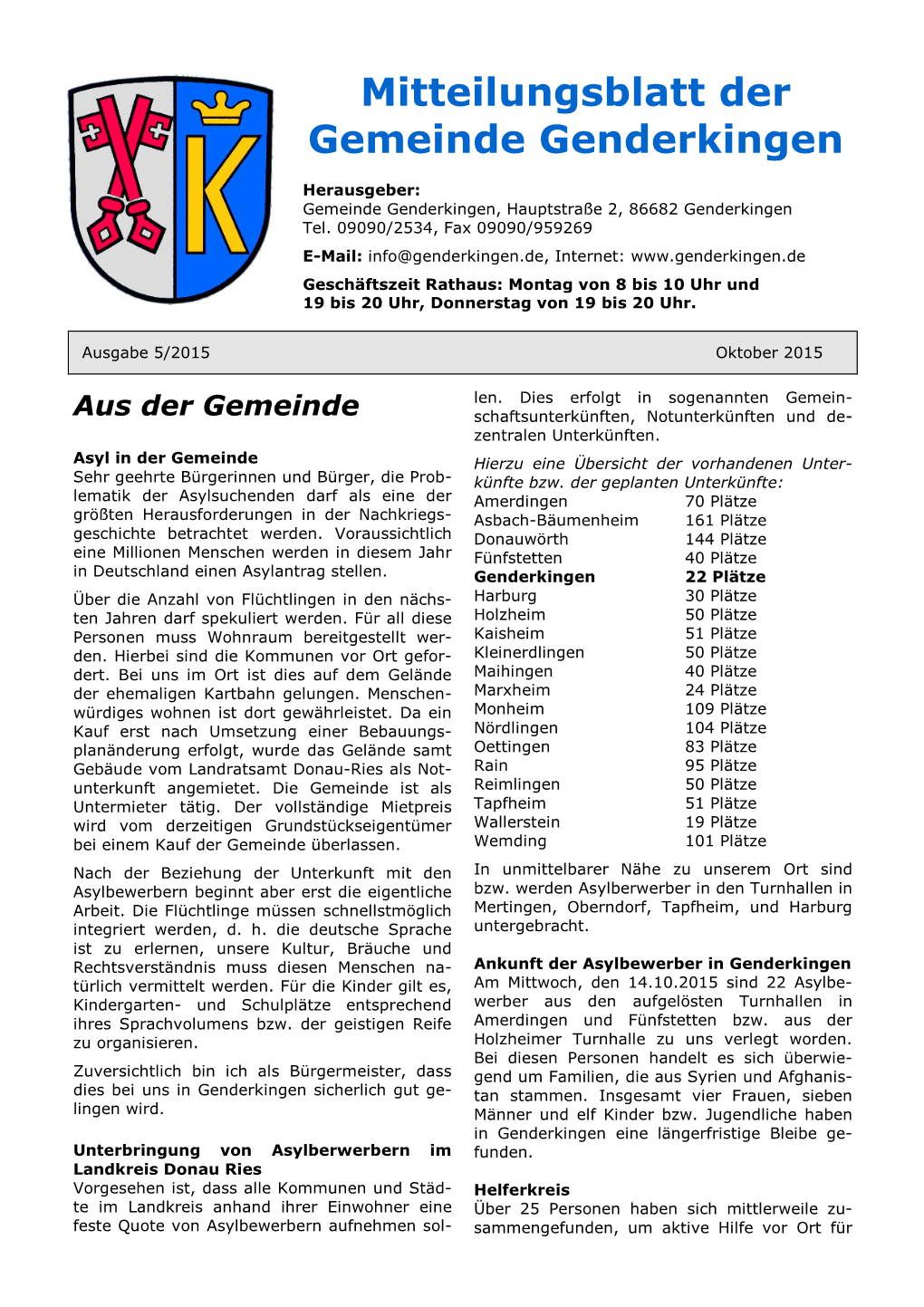 Mitteilungsblatt Der Gemeinde Genderkingen, Seite 2 Oktober 2015
