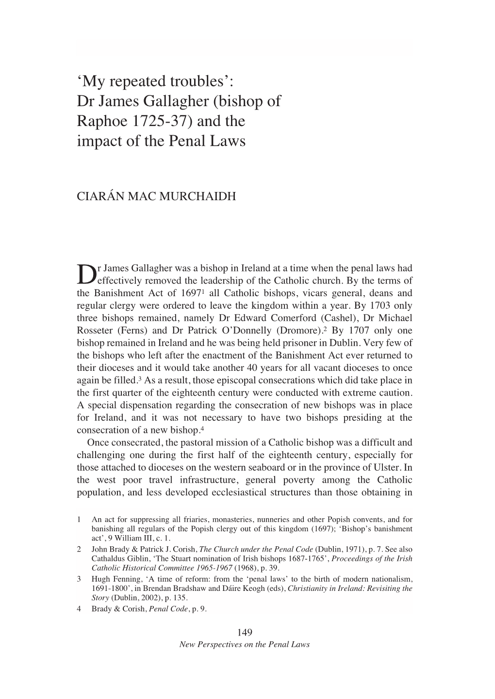 Dr James Gallagher (Bishop of Raphoe 1725-37) and the Impact of the Penal Laws