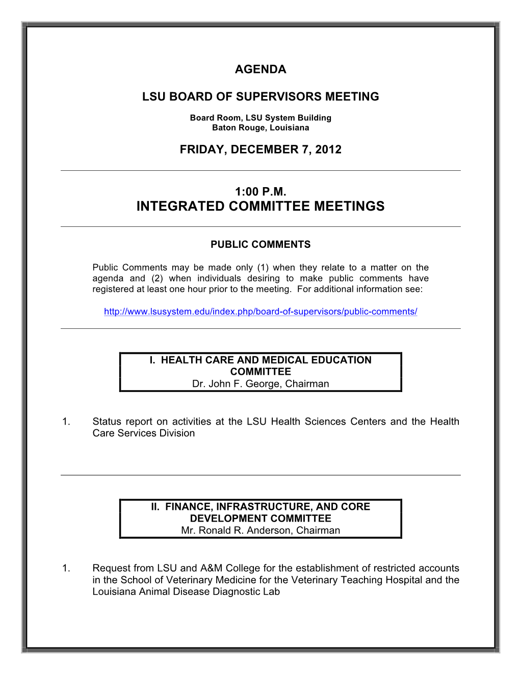 LSU Board of Supervisors Agenda for Dec. 7, 2012