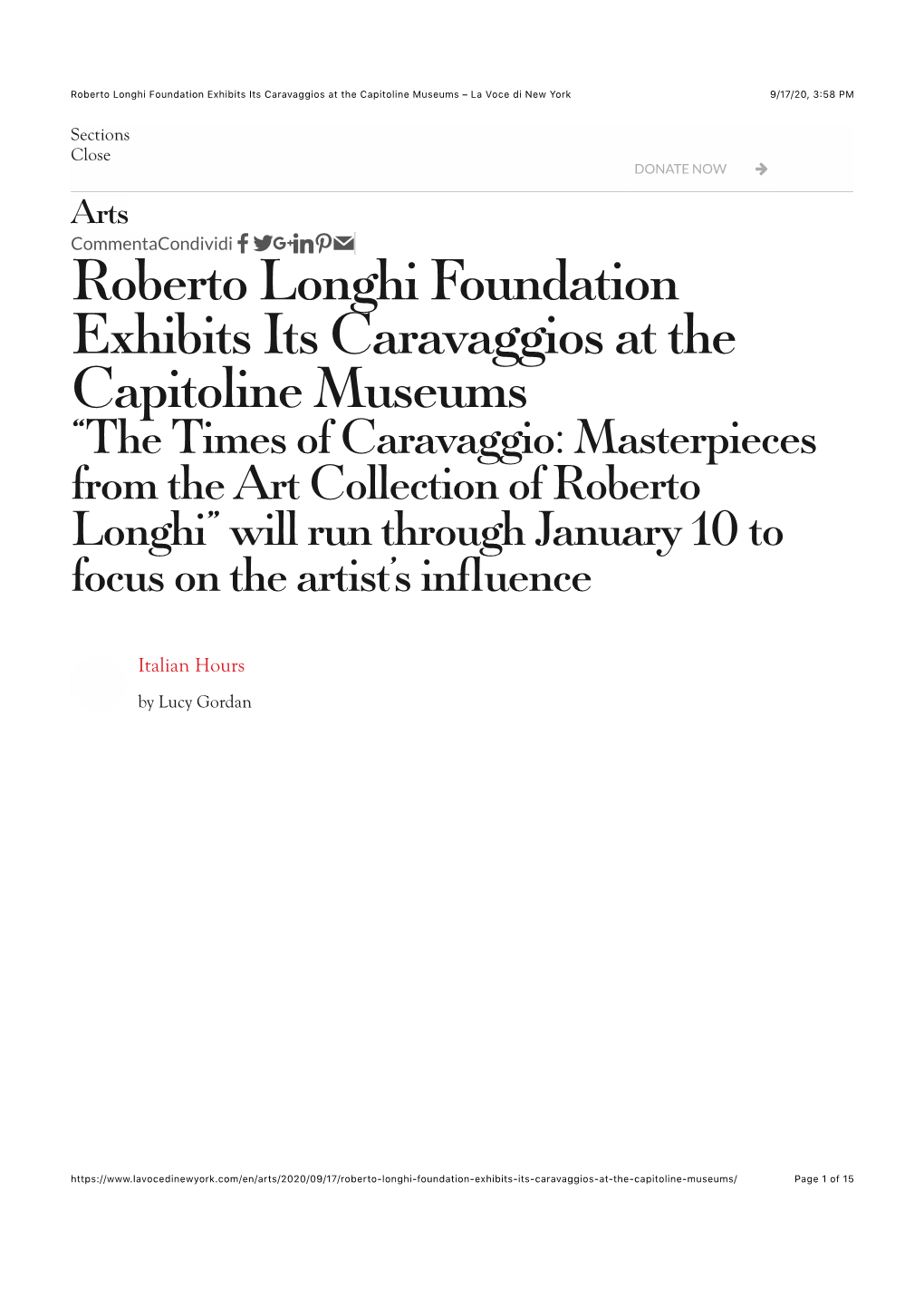 Roberto Longhi Foundation Exhibits Its Caravaggios at the Capitoline Museums – La Voce Di New York 9/17/20, 3*58 PM