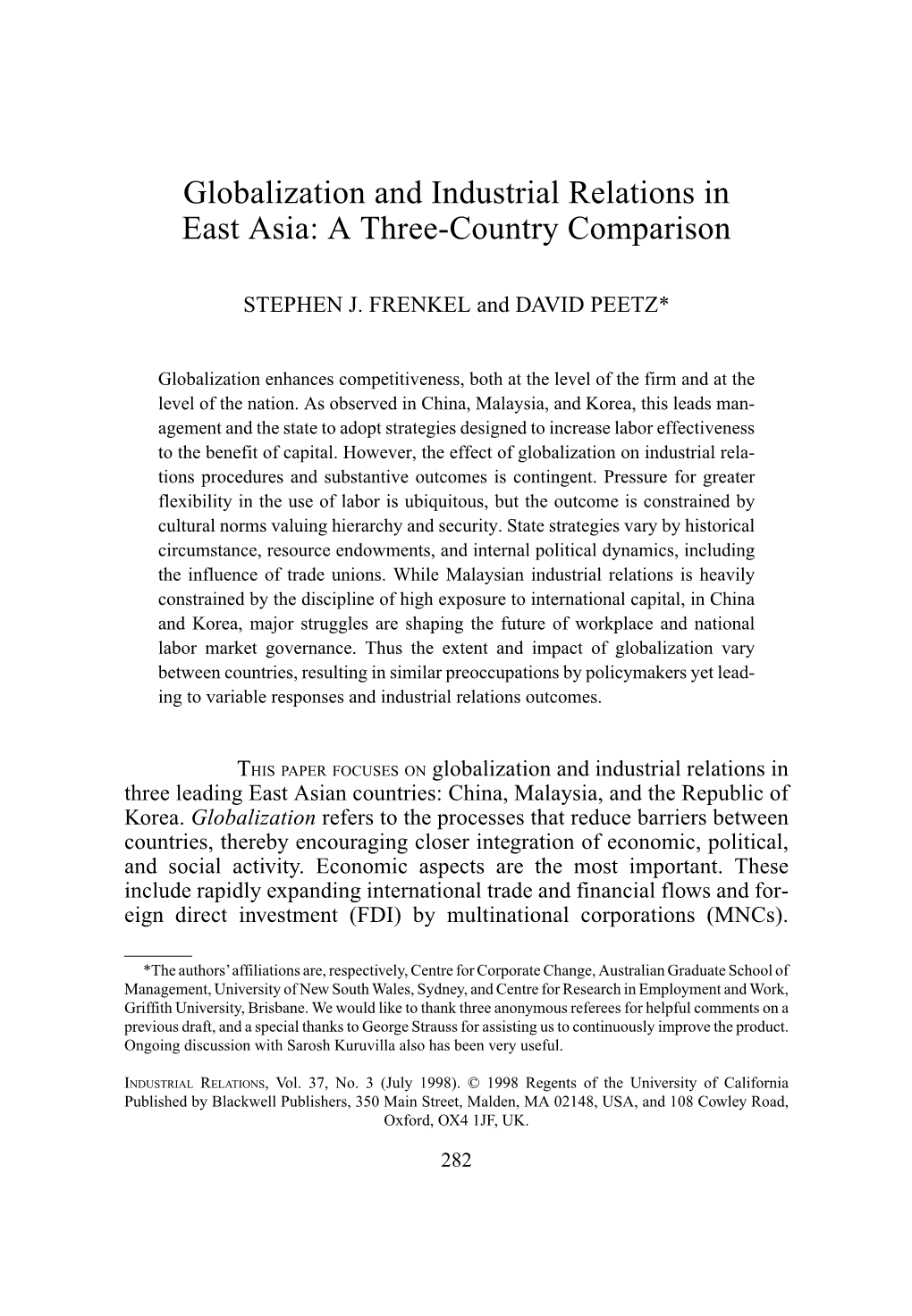 Globalization and Industrial Relations in East Asia: a Three-Country Comparison