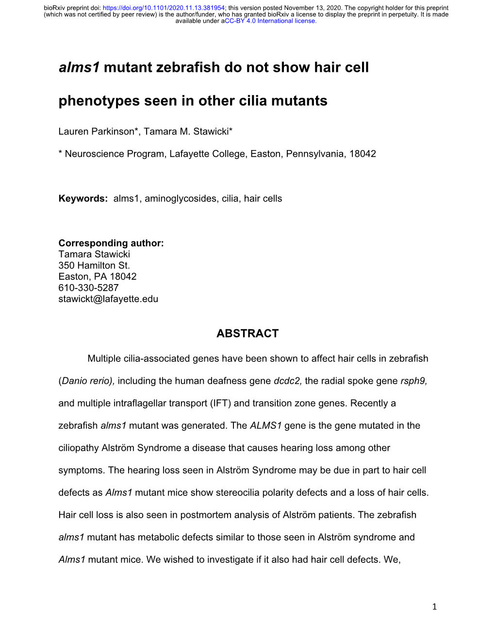 Alms1 Mutant Zebrafish Do Not Show Hair Cell Phenotypes Seen in Other Cilia Mutants