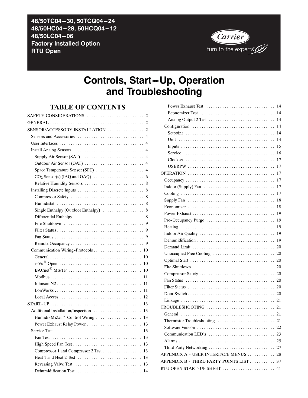 Controls, Start---Up, Operation and Troubleshooting TABLE of CONTENTS Power Exhaust Test