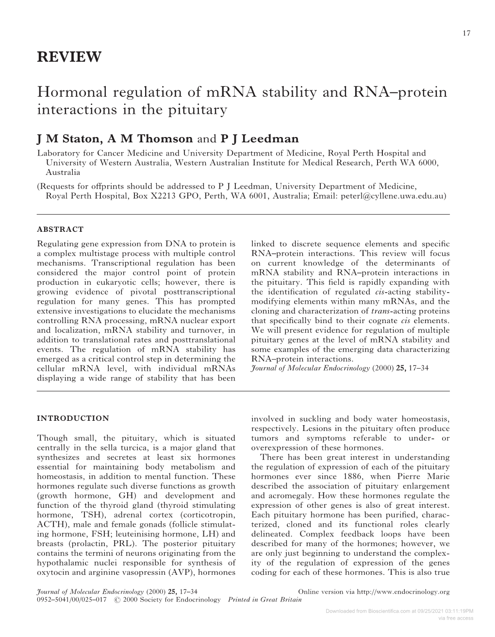 REVIEW Hormonal Regulation of Mrna Stability and RNA–Protein Interactions in the Pituitary