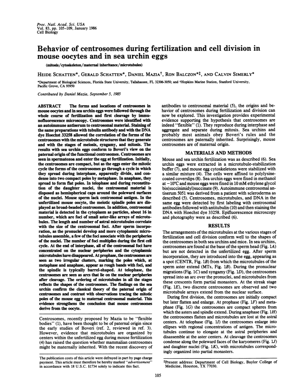 Behavior of Centrosomes During Fertilization and Cell Division In