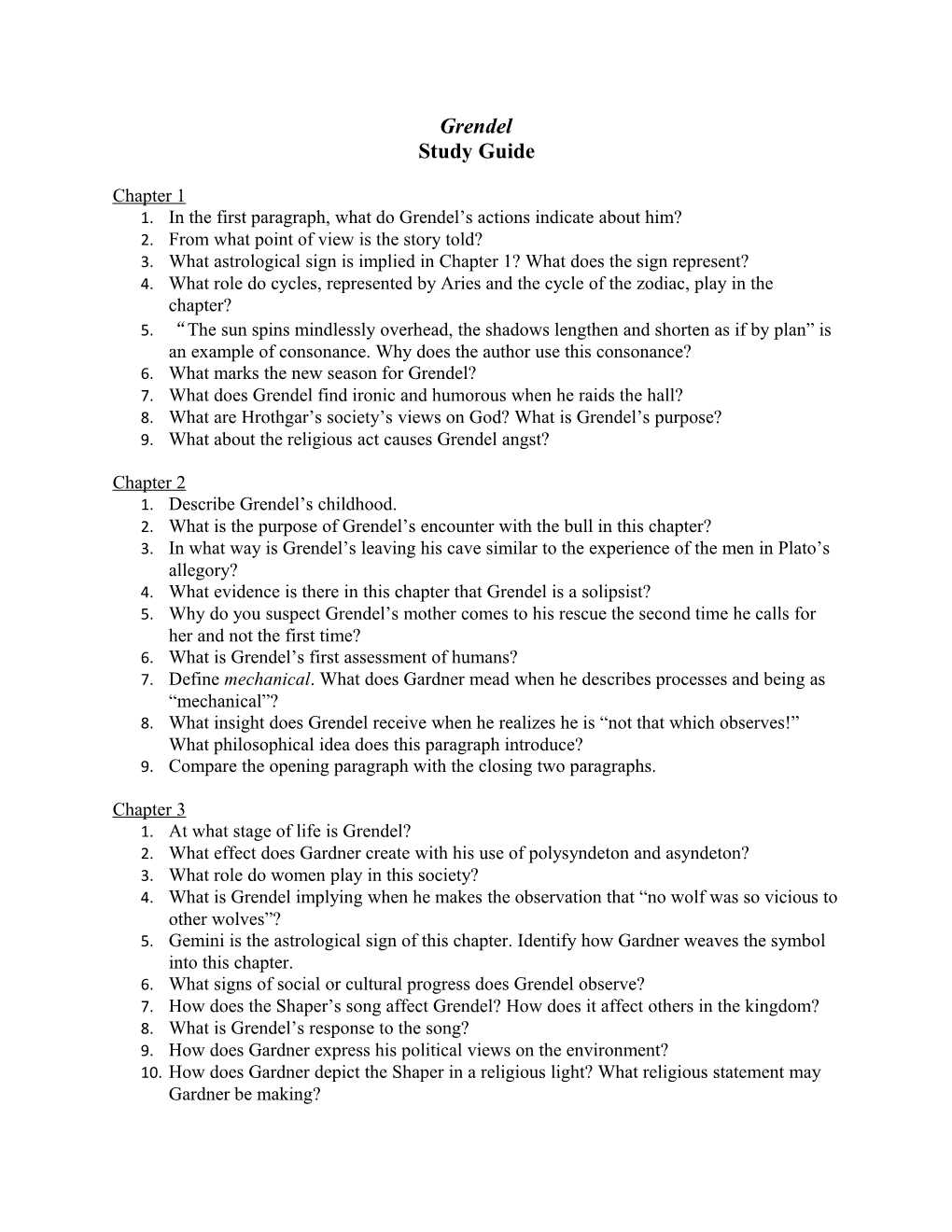 1. in the First Paragraph, What Do Grendel S Actions Indicate About Him?