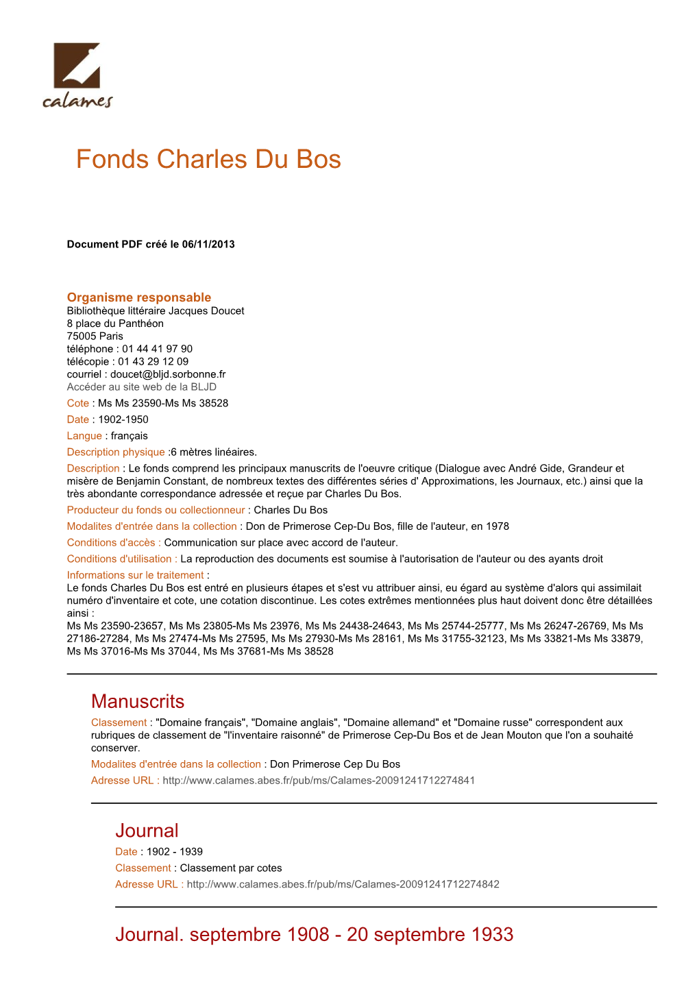 Inventaire Du Fonds Charles Du