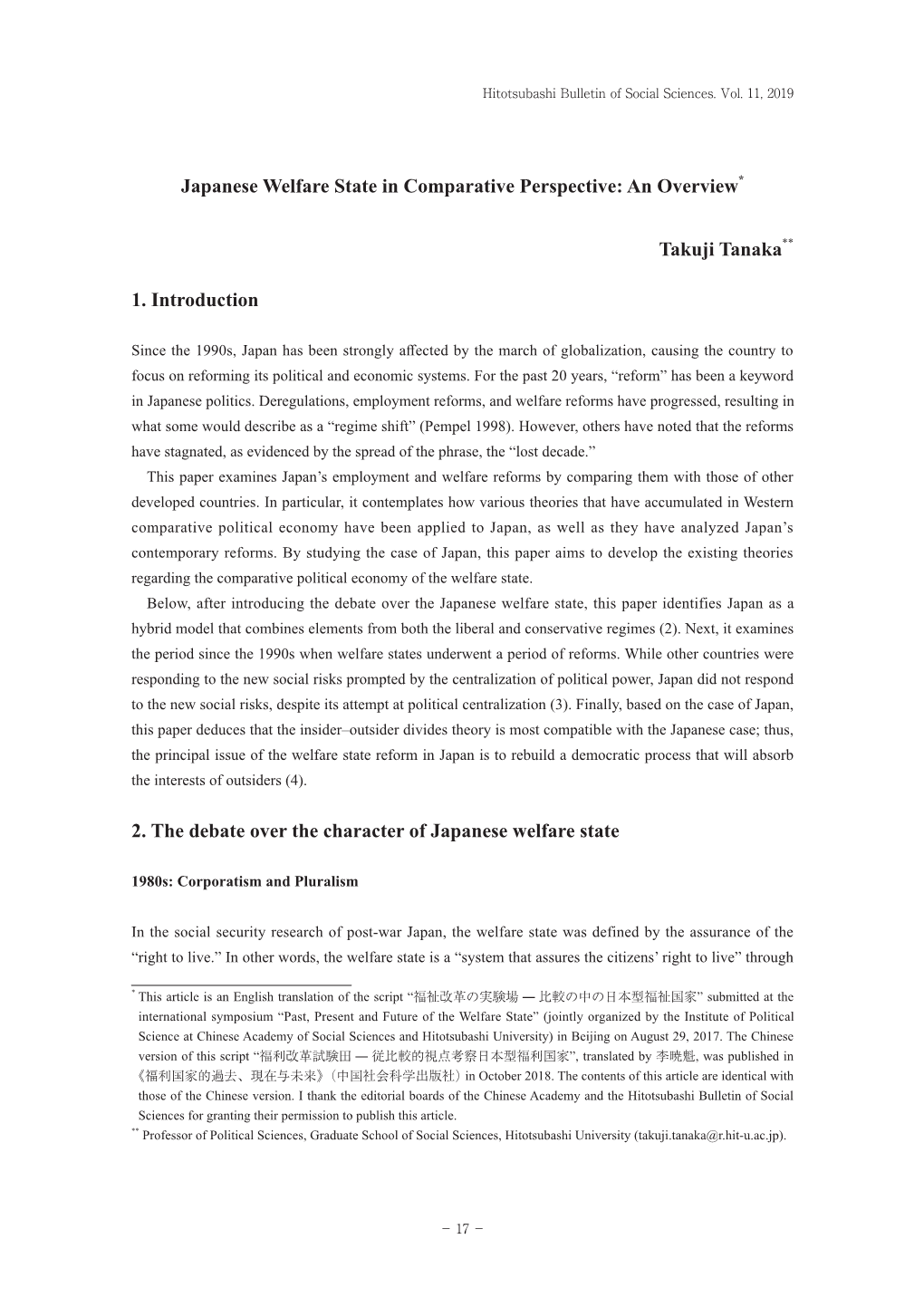 Japanese Welfare State in Comparative Perspective: an Overview*
