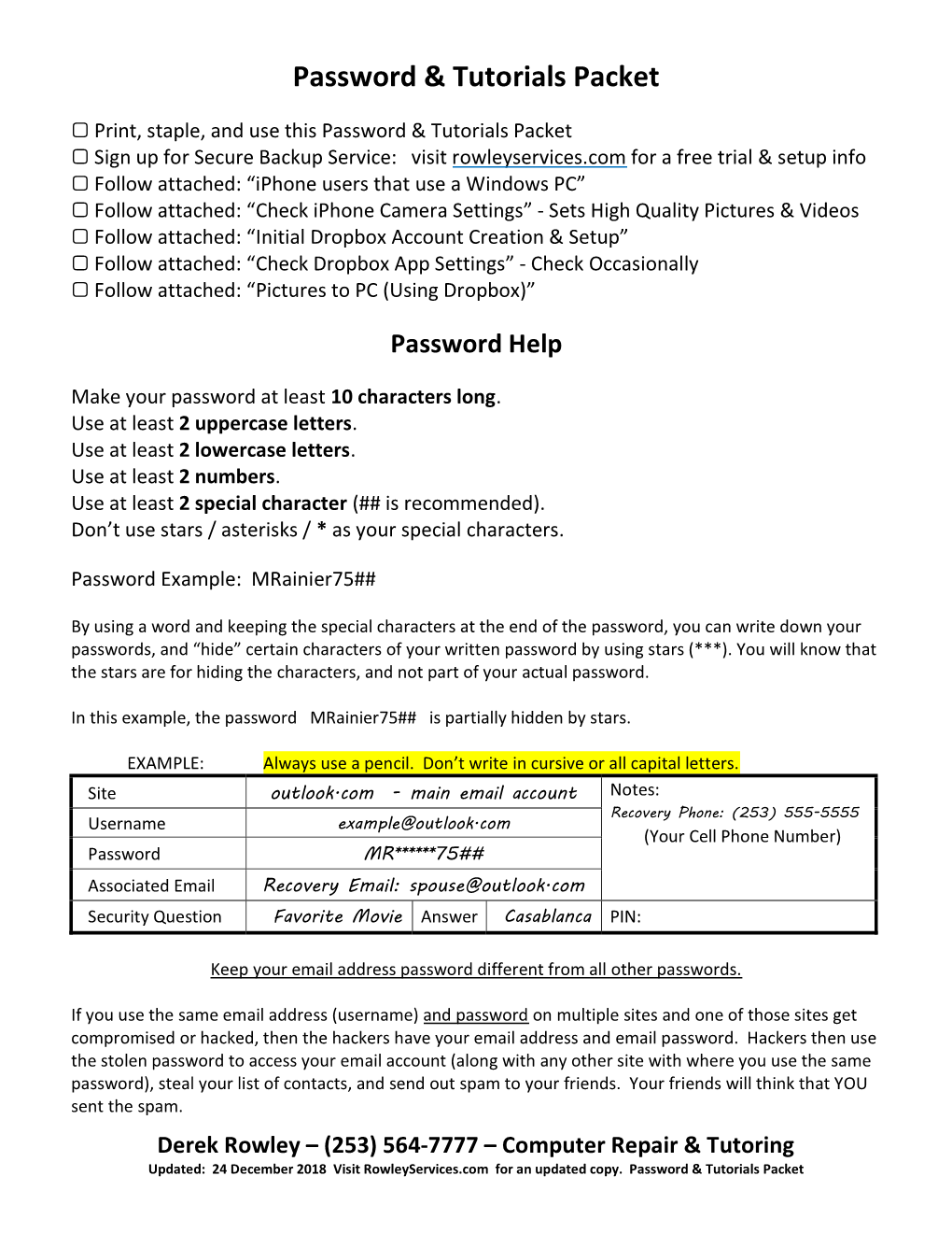 Password & Tutorials Packet