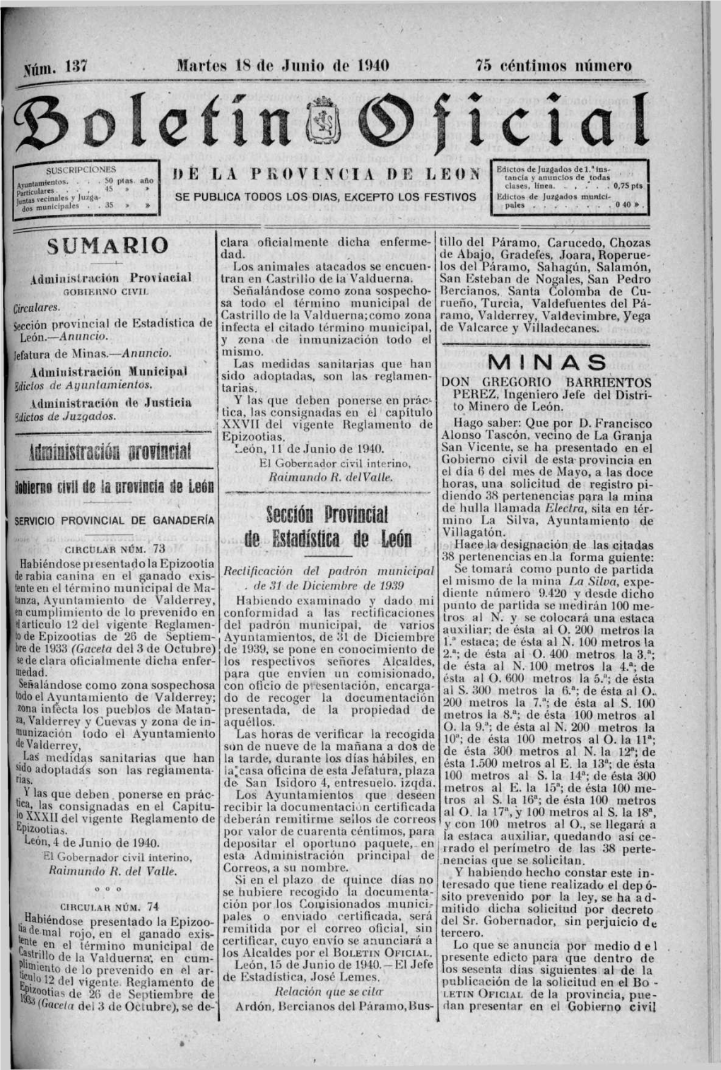 Martes 18 De Junio De 1940 75 Céntimos Número Ioiüerü M\\De La Nrovlncia Ile Im