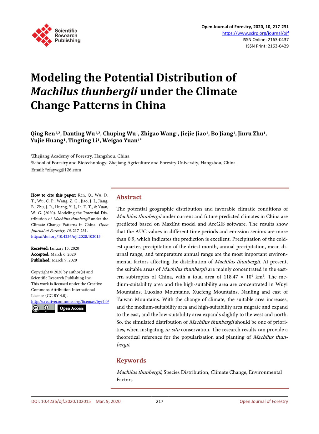 Modeling the Potential Distribution of Machilus Thunbergii Under the Climate Change Patterns in China