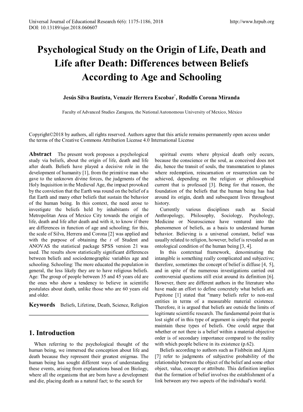 Psychological Study on the Origin of Life, Death and Life After Death: Differences Between Beliefs According to Age and Schooling