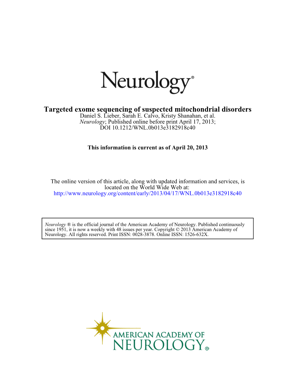 Targeted Exome Sequencing of Suspected Mitochondrial Disorders Daniel S