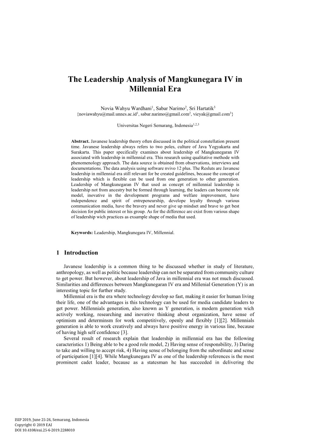 The Leadership Analysis of Mangkunegara IV in Millennial Era