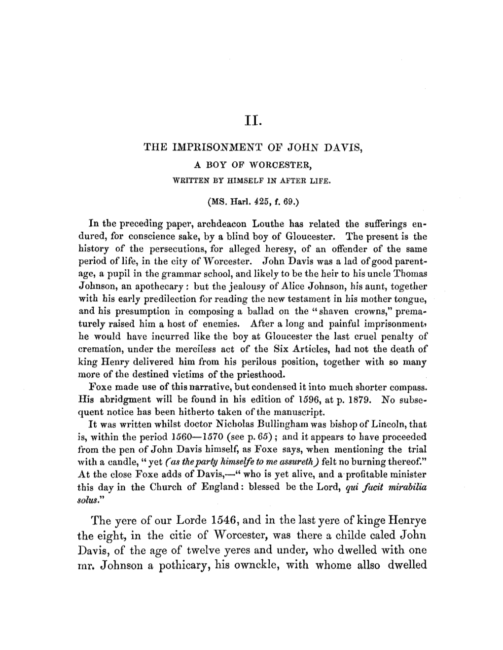 II. the Imprisonment of John Davis, a Boy of Worcester, Written By