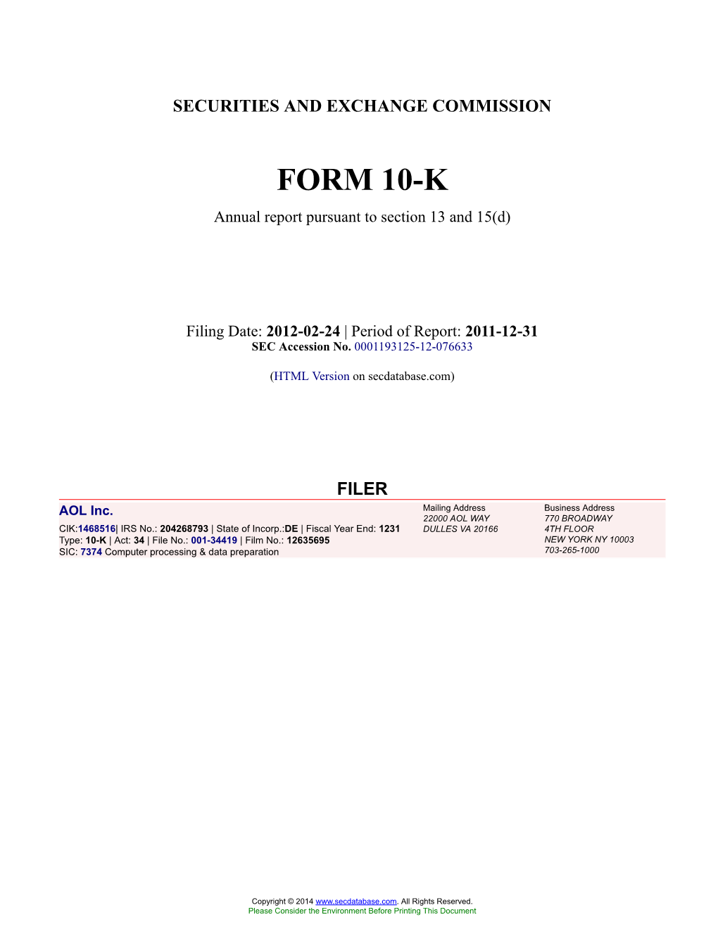 AOL Inc. Form 10-K Annual Report Filed 2012-02-24