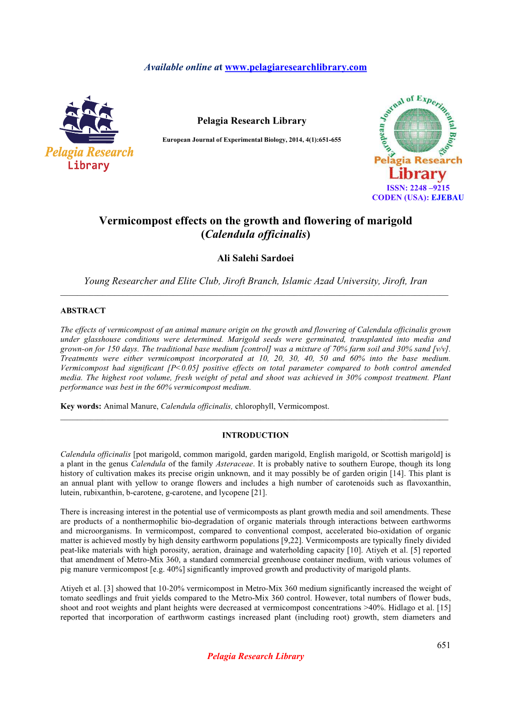 Vermicompost Effects on the Growth and Flowering of Marigold (Calendula Officinalis )