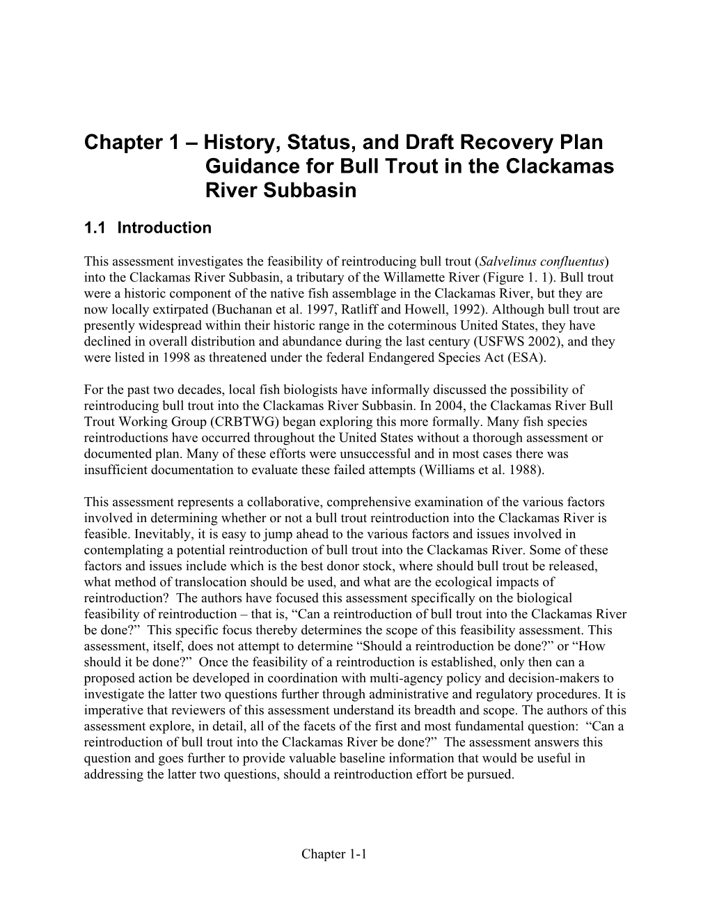 Chapter 1 – History, Status and Draft Recovery Plan Guidance for Bull Trout in the Clackamas River Subbasin