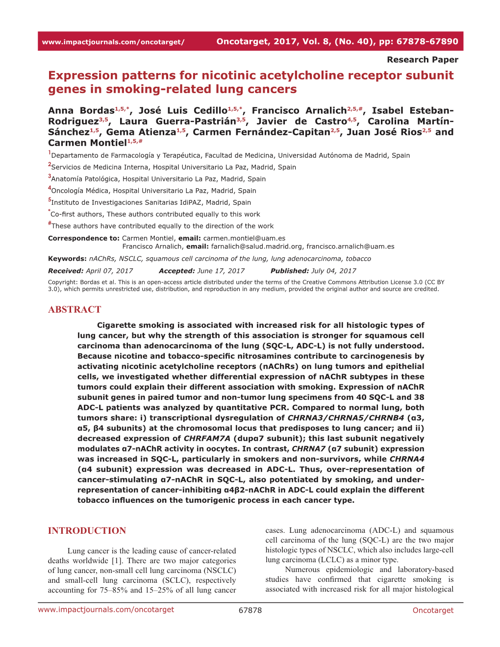 Expression Patterns for Nicotinic Acetylcholine Receptor Subunit Genes in Smoking-Related Lung Cancers