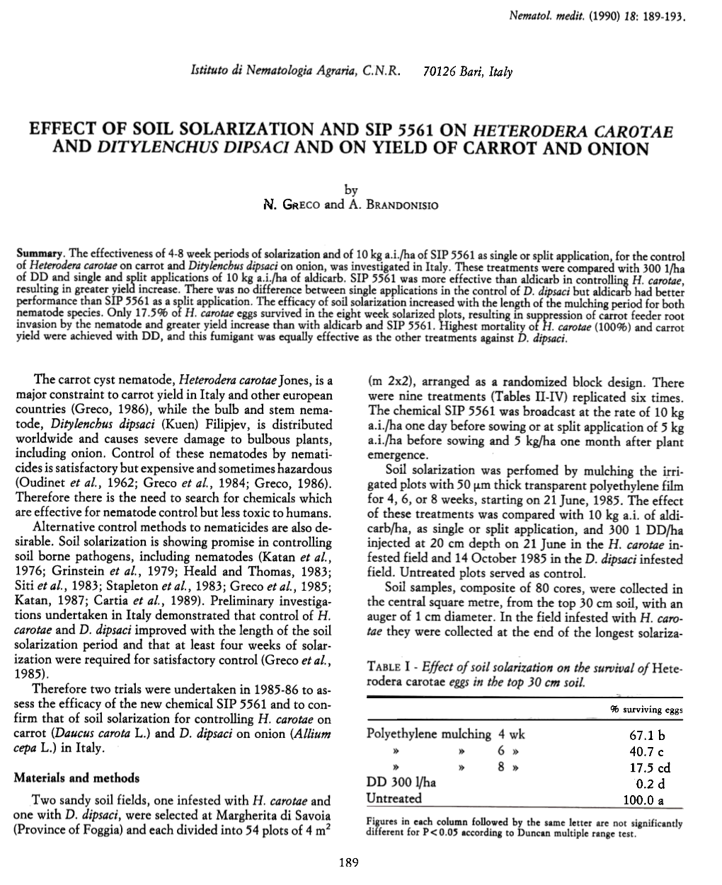 Effect of Soil Solarization and Sip 5561 on Heteroderacarotae and Ditylenchusdipsaci and on Yield of Carrot and Onion