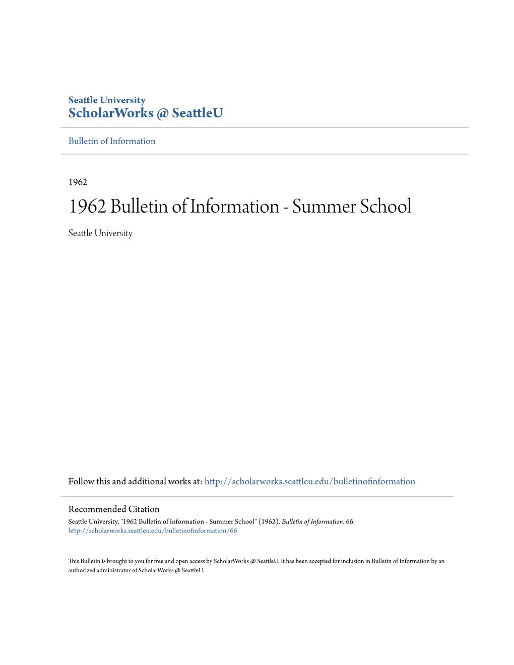 1962 Bulletin of Information - Summer School Seattle Niu Versity