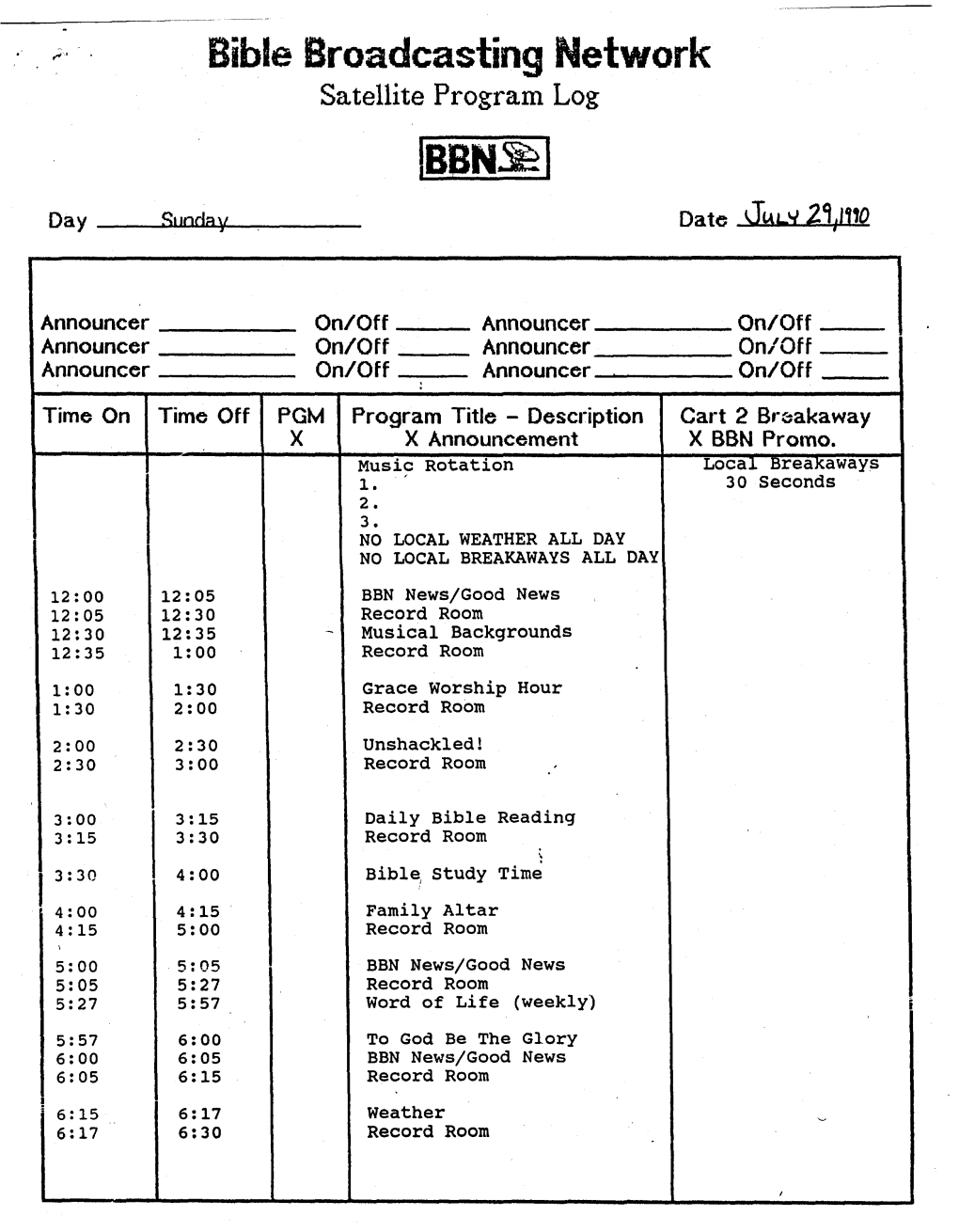 Bible Broadcasting Network Satellite Program Log IBBN~I