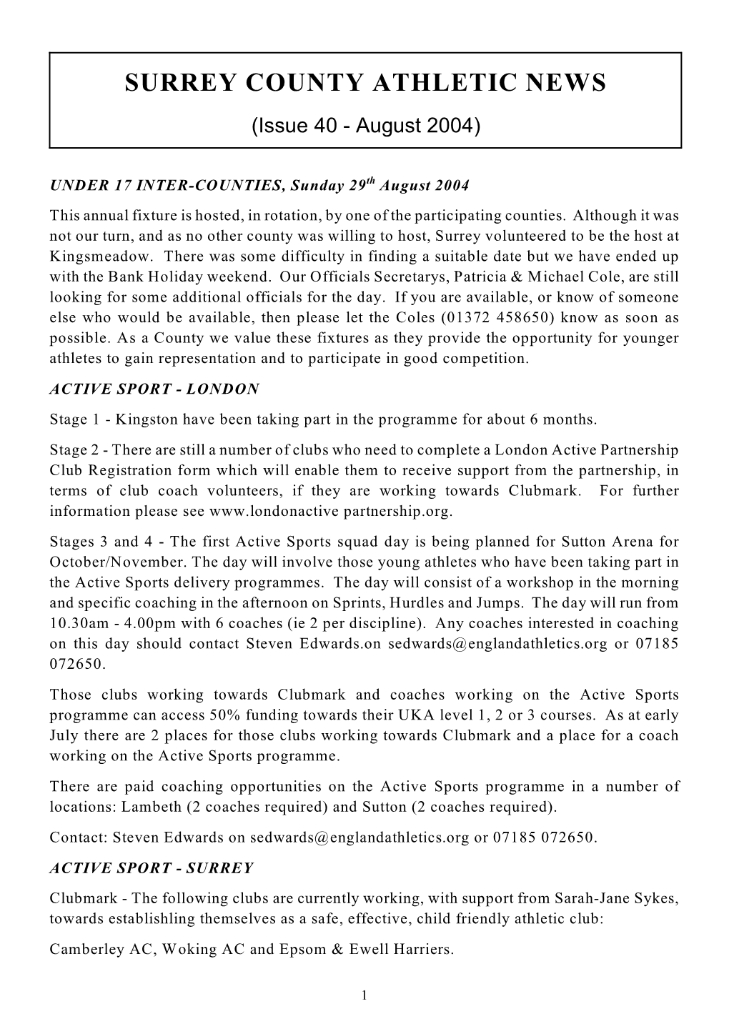 SURREY COUNTY ATHLETIC NEWS (Issue 40 - August 2004)