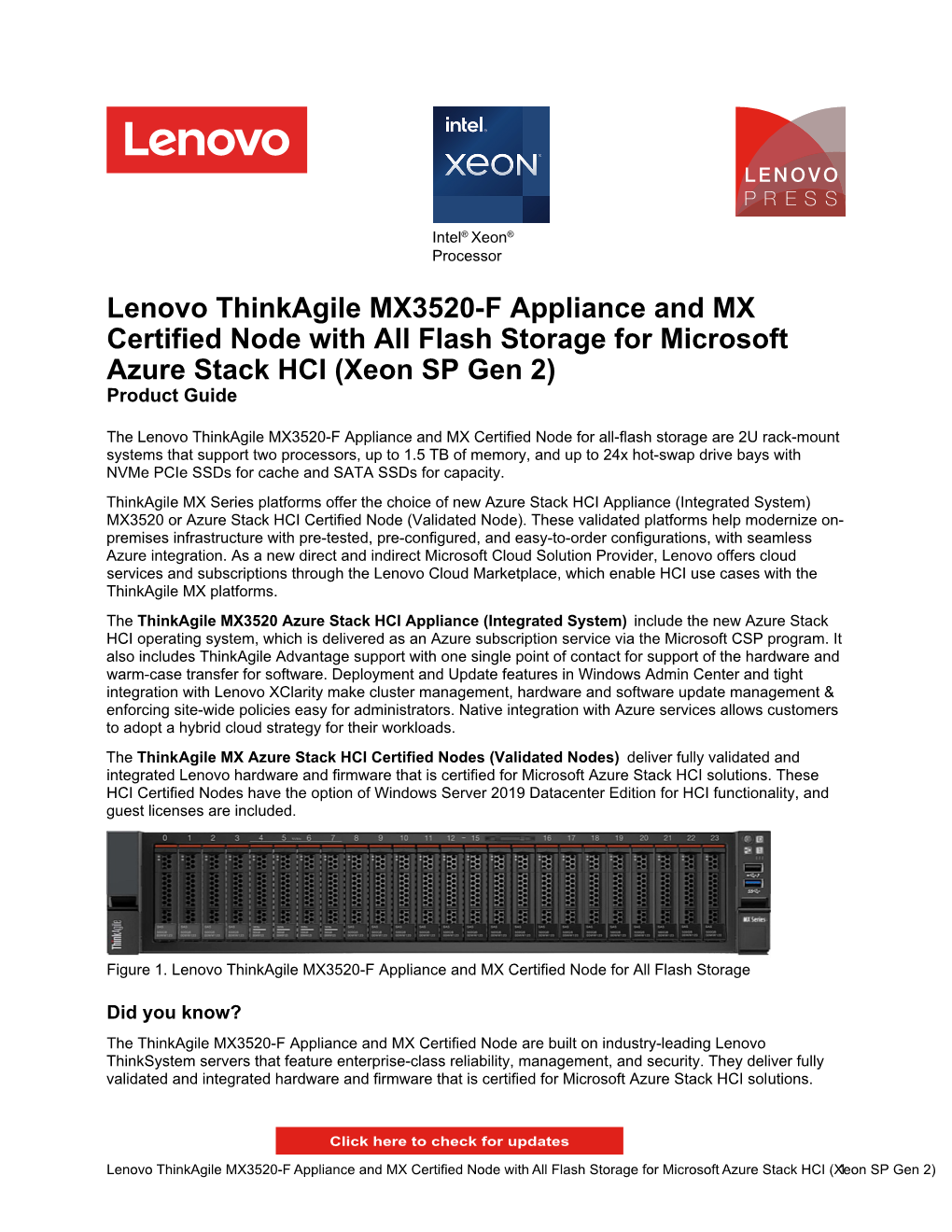 Lenovo Thinkagile MX3520-F Appliance and MX Certified Node with All Flash Storage for Microsoft Azure Stack HCI (Xeon SP Gen 2) Product Guide