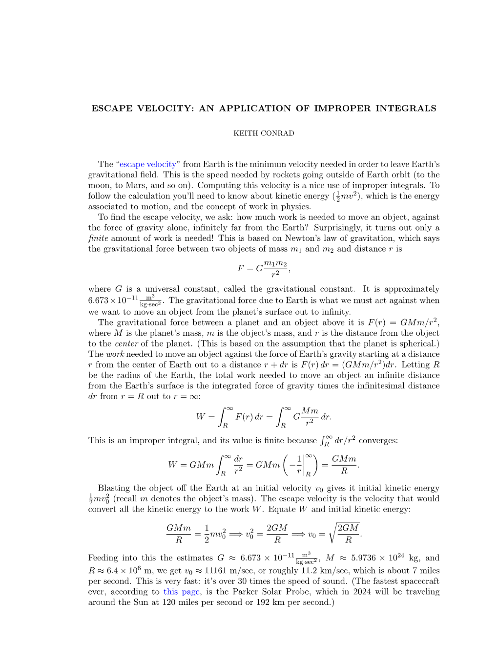 Escape Velocity: an Application of Improper Integrals