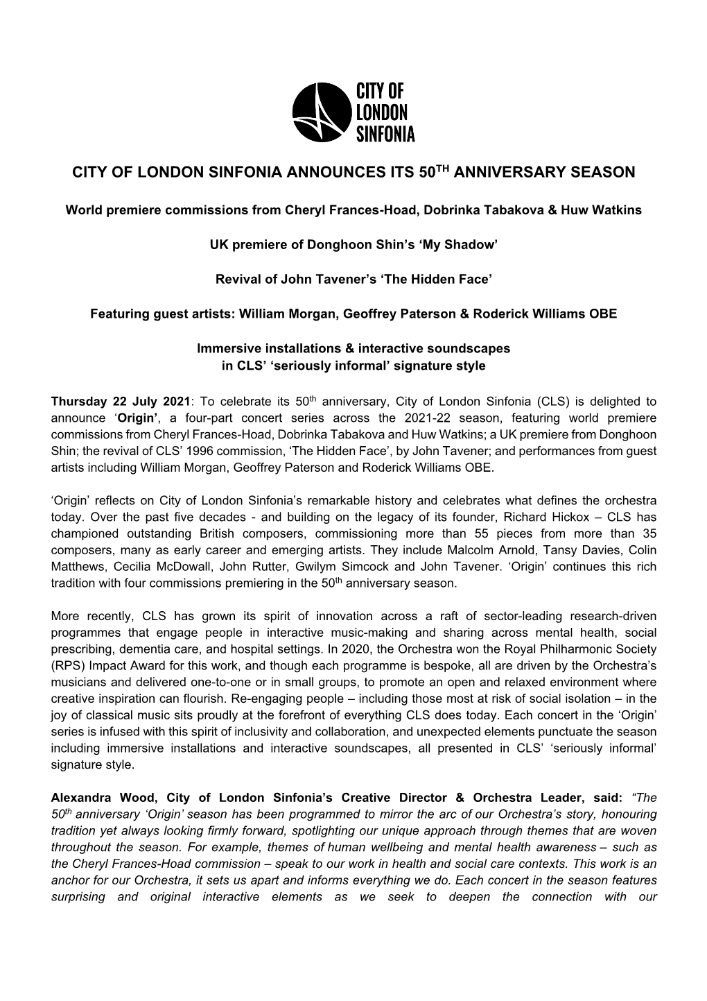 City of London Sinfonia Announces Its 50Th Anniversary Season