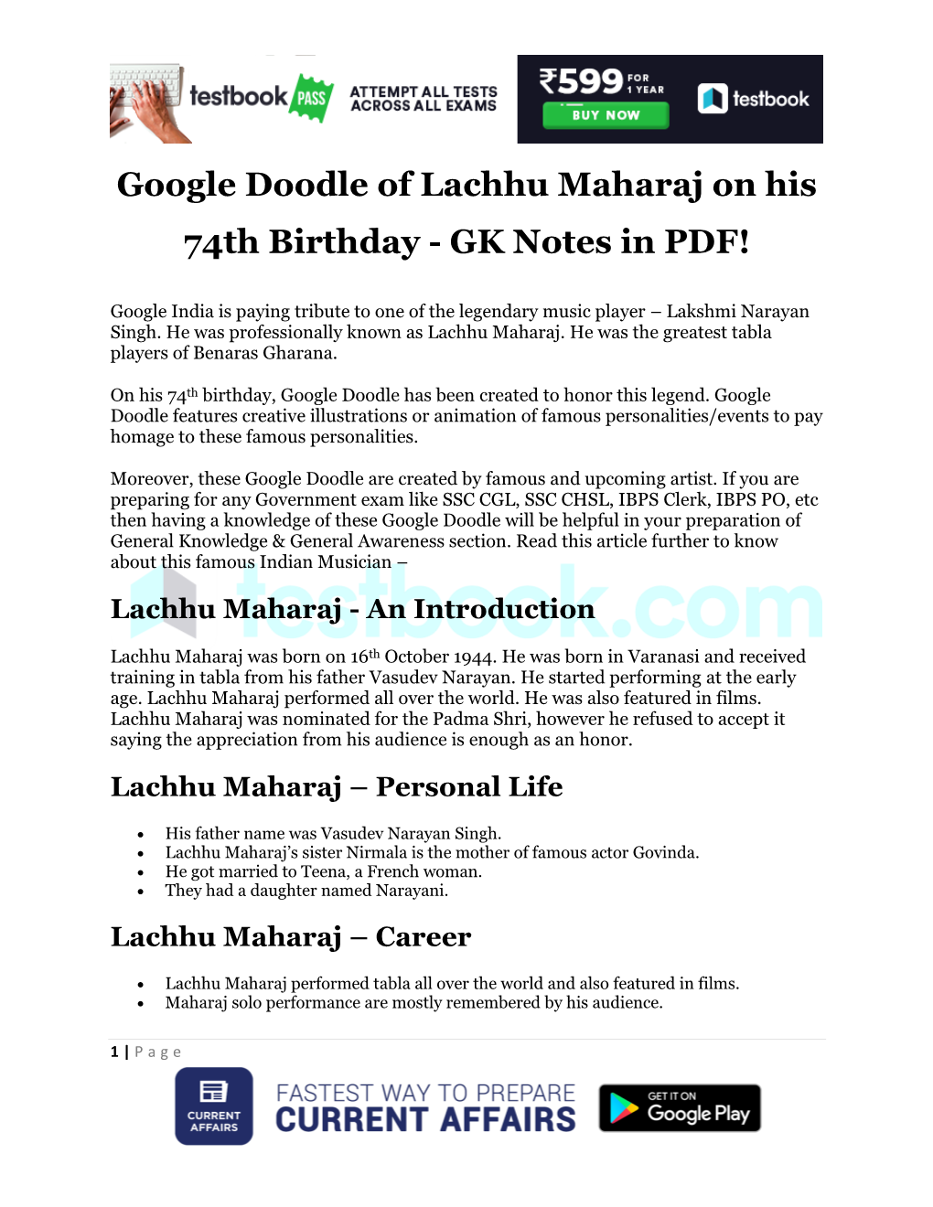 Google Doodle of Lachhu Maharaj on His 74Th Birthday - GK Notes in PDF!