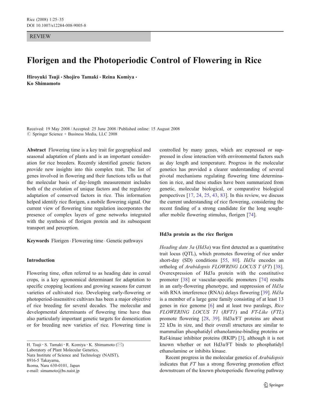 Florigen and the Photoperiodic Control of Flowering in Rice