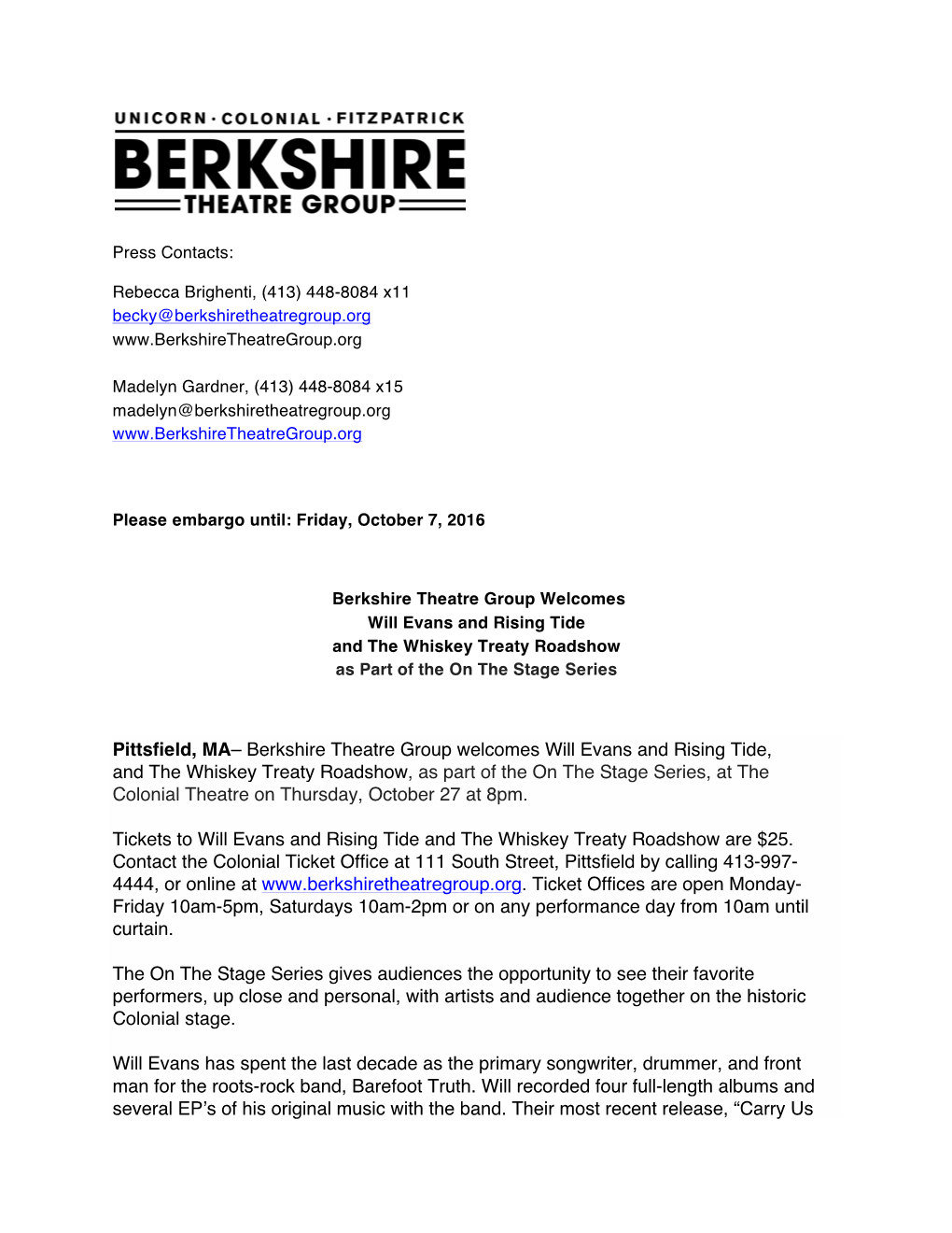 Berkshire Theatre Group Welcomes Will Evans and Rising Tide, And